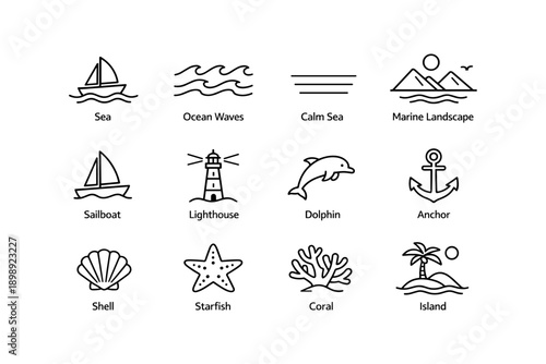 Set of nautical and ocean icons: sailboat, lighthouse, dolphin, anchor, shell, starfish, coral, island