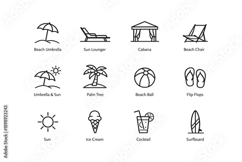 Summer beach essentials: umbrella, sun lounger, cabana, beach chair icons