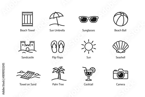 Beach icons collection: essentials for a fun summer day
