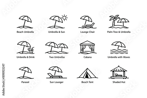 Set of beach icons: umbrella, sun, cabana, palm tree, tent, lounge