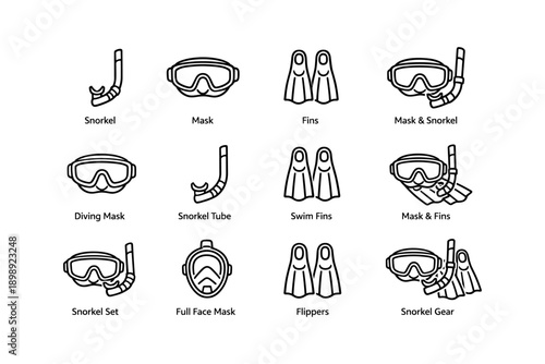 Snorkel gear icons: masks, fins, tubes, snorkel sets and flippers for diving