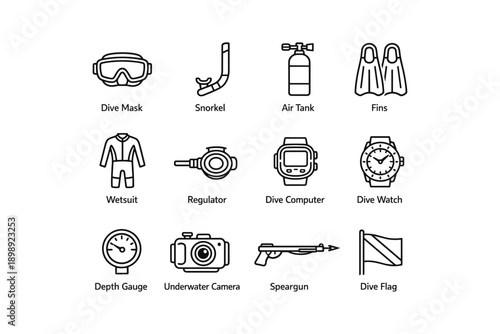 Essential scuba diving gear icons: dive mask, snorkel, air tank, fins, wetsuit, more