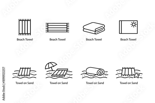 Beach towel icons: simple line art illustrations of towels on sand and folded designs