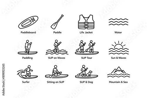 Schematic icons of paddleboarding activities and gear