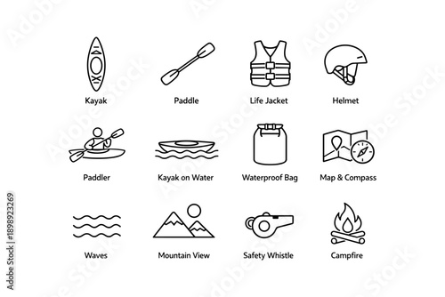 Kayaking essentials: gear icons including kayak, paddle, life jacket, helmet, and more