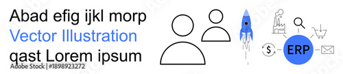 Business development, enterprise resource planning, innovation, teamwork, startup management, digital transformation. Visual elements include rocket, ERP icon and user profiles. Business growth
