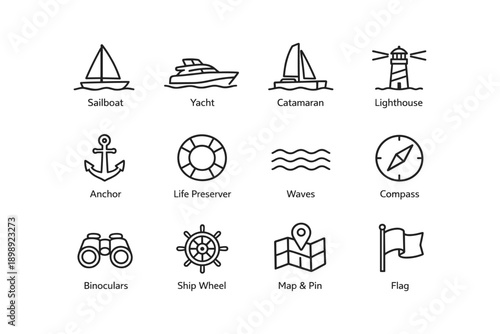 Nautical icon set: sailboat, yacht, catamaran, anchor, compass, lighthouse