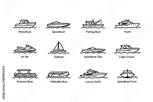 Collection of various boat line icons featuring yacht, sailboat, and jet ski designs