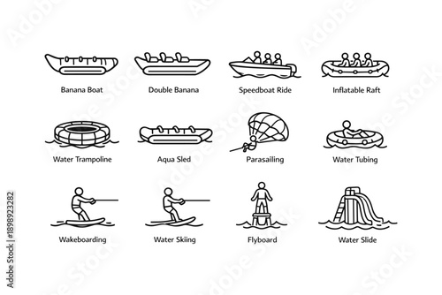 Water sports activities icons: parasailing, wakeboarding, rafting, flyboard, slide fun