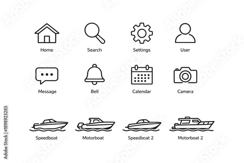 Collection of minimalist icons: home, search, settings, user, and more