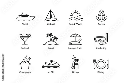 Nautical and leisure icon set featuring yacht, sailboat, sun, anchor, and more