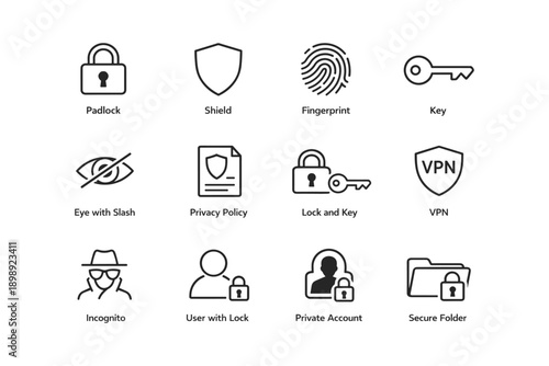 Security icons including padlock, shield, fingerprint, and vpn lock