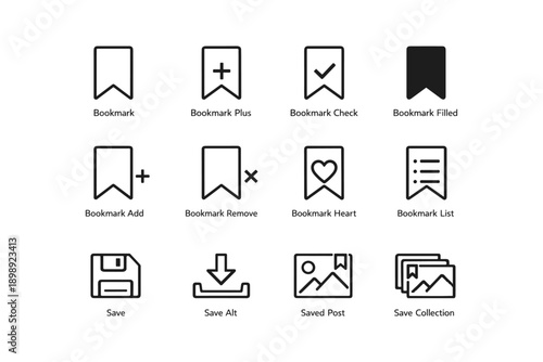 Bookmark and save icons: collection of minimal bookmark symbols and save options