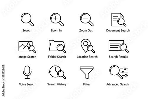 Search icons set: magnifying glass, document, location, mic, filter