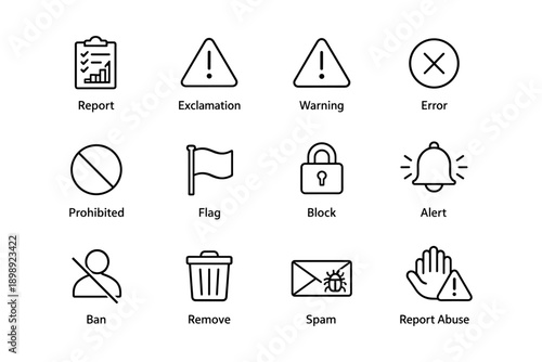 Set of 12 minimalist black and white notification icons including alert and warning symbols