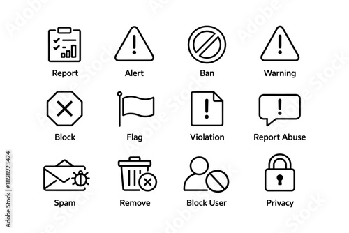Set of black and white security and alert icons including warning and privacy symbols