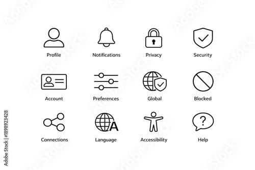 Profile, notifications, privacy, security icons with global and accessibility features