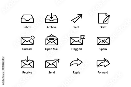 Email icons set: inbox, archive, sent, draft, unread, open mail, flagged, spam, receive, send, reply, forward