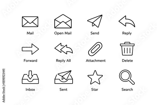Email icons set: mail, open, send, reply, forward, attachment, delete