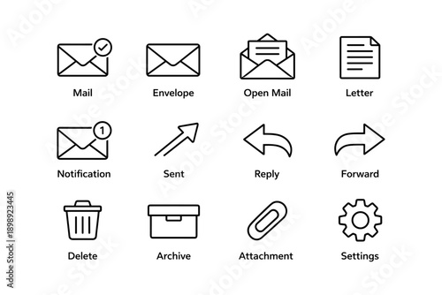 Mail icons set with envelope, notification, and settings