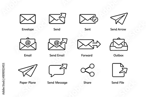 Outline email and messaging icons: envelope, arrow, paper plane, share