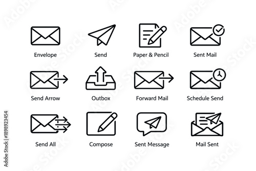 Email icon set: envelope, send, paper, pencil, arrow, compose, forward, schedule
