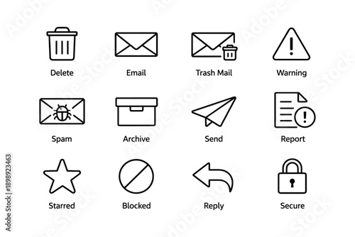 Email management icons set: delete, spam, archive, warning, secure messaging symbols