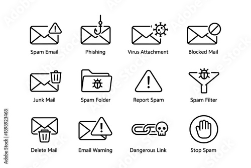 Spam and security email icon set: phishing, virus, junk, and filters
