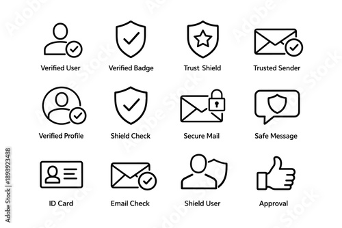 Verified user icons: security checks, trust badges, secure mail, id card approval