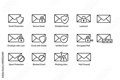 Email security icons: protection, encryption, spam defense, alerts, firewall