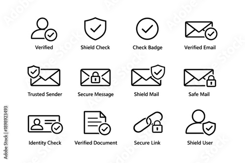 Set of verification icons: email, badge, shield, document