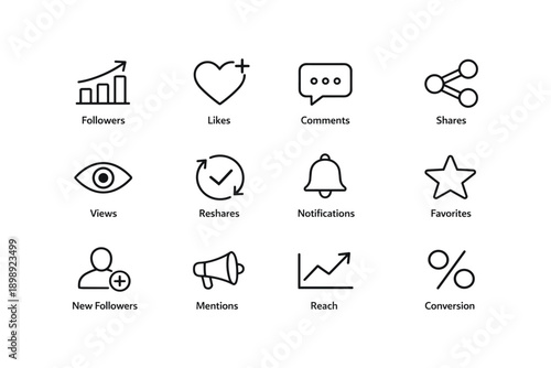 Social media icons: followers likes comments shares views reshares notifications