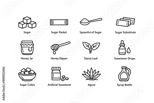 Sugar and sweetener icons: cube, packet, spoon, substitute, honey, stevia, agave, syrup