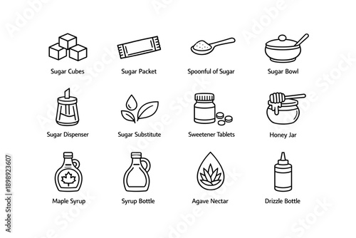 Assorted sugar and syrup containers: cubes, packets, dispensers, bowls, bottles