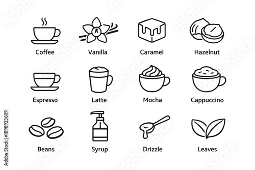 Coffee icon set: espresso, latte, mocha, cappuccino, with caramel, hazelnut, vanilla