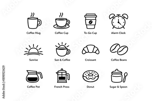Breakfast icons with coffee mugs croissant donut and alarm clock
