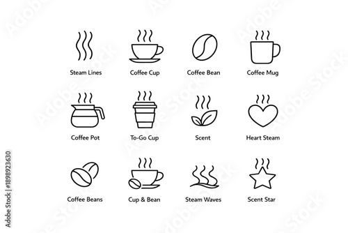 Coffee icons set: beans, mugs, steams, and scent symbols for beverages