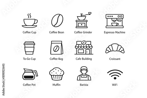 Coffee icons set: cup, grinder, espresso machine, to-go cup, barista, wifi
