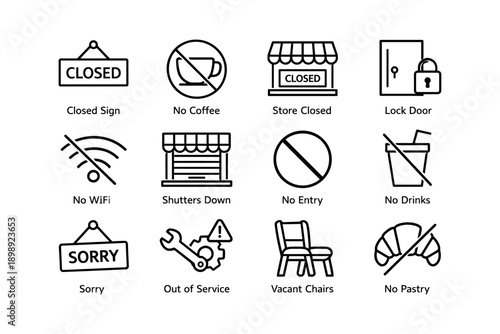 Various closed and out of service signs in black and white line art