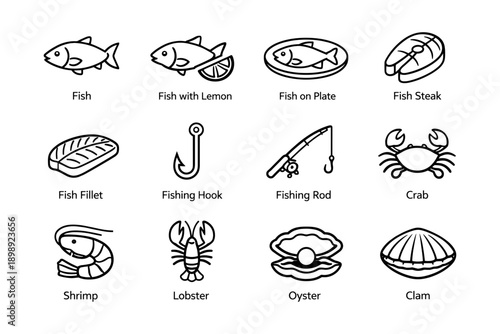 Seafood icon set: fish, crab, lobster, oyster, clam, shrimp, fishing tools