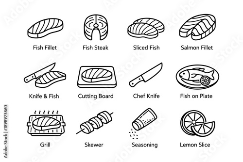 Fish cooking icons: fillet, steak, skewer, knife, grill, seasoning, lemon