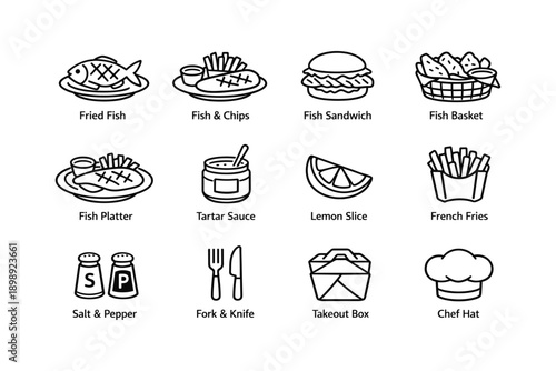 Hand-drawn seafood and fast food icons: fish, chips, tartar, and more