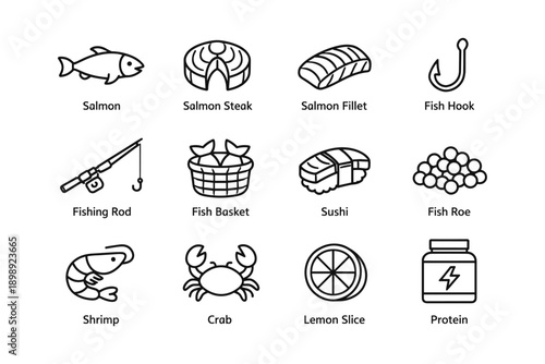 Collection of fishing and seafood icons including salmon, sushi, fish hook, and lemon slice