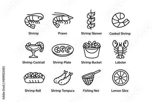 Shrimp and seafood icons: prawn, skewer, lobster, tempura, and lemon slice