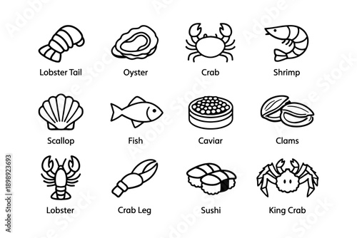 Assorted seafood icons including lobster tail, oyster, and sushi