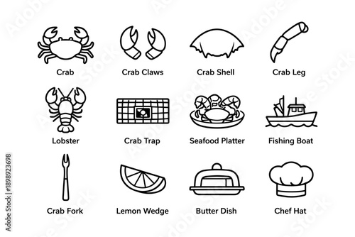Seafood icons set: crab, lobster, fishing boat, chef hat, lemon wedge
