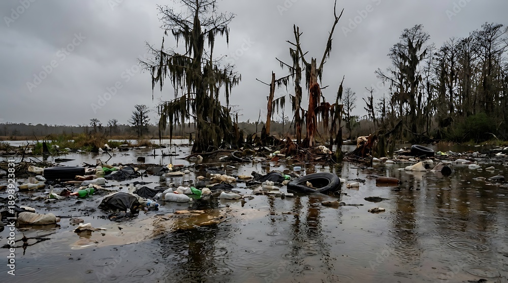 Fototapeta premium Polluted wetland with dead trees and plastic waste under a cloudy sky.