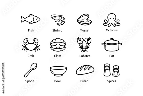 Seafood and kitchen icons: fish, shrimp, mussel, octopus, crab, clam, lobster, pot, spoon, bowl, bread, spices