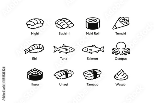 Japanese sushi icons: nigiri, sashimi, maki roll, temaki, ebi, tuna, salmon, octopus