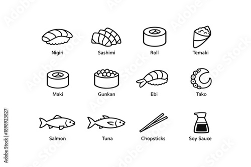 Sushi icons collection: nigiri, sashimi, roll, temaki, maki, gunkan, ebi, tako, salmon, tuna, chopsticks, soy sauce